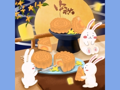 中秋节插画手绘psd格式素材月饼兔子