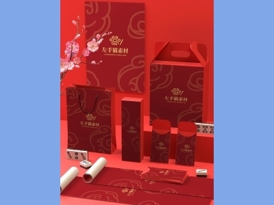 中国风新年文创样机套装包装贴图组合毕设作品产品效果图展示PSD礼盒对联卷轴麻将红包手提袋