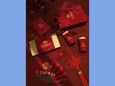 中国风新年文创样机套装包装贴图组合毕设作品产品效果图展示PSD扇子手提袋茶叶罐包装盒