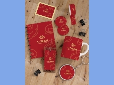 中国风新年文创样机套装包装贴图组合毕设作品产品效果图展示PSD笔记本杯子记事本钥匙扣贴纸夹子徽章