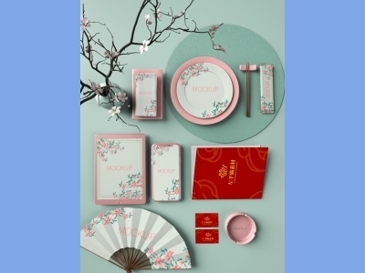 中国风新年文创样机套装包装贴图组合毕设作品产品效果图展示PSD