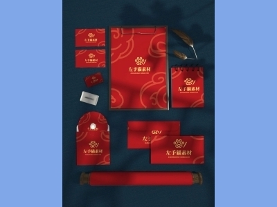 中国风新年文创样机套装包装贴图组合毕设作品产品效果图展示PSD红包卷轴记事本文件夹信封