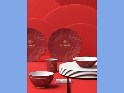 中国风新年文创样机套装包装贴图组合毕设作品产品效果图展示PSD碗盘餐具