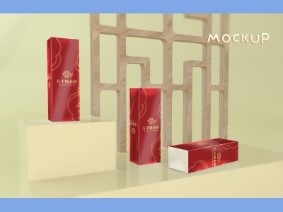 中国风新年文创样机套装包装贴图组合毕设作品产品效果图展示PSD礼盒盒子