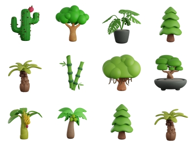 卡通绿植盆栽树木blender香蕉树竹子椰树fbxobj模型素材附png，C4D