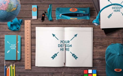 学习用品场景样机绘画场景样机画笔记事本尺笔袋地球仪