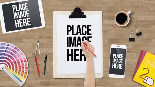 办公场景样机办公背景绘画的手手部动作画笔色卡