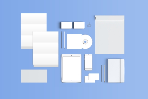 办公vi场景样机logo样机名片折页尺平板电脑笔信封光盘记事本