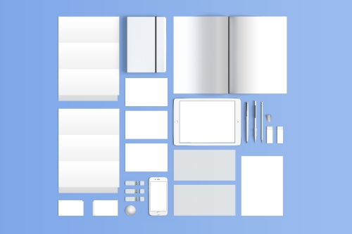 办公vi场景样机logo样机记事本折页信封平板电脑优盘名片