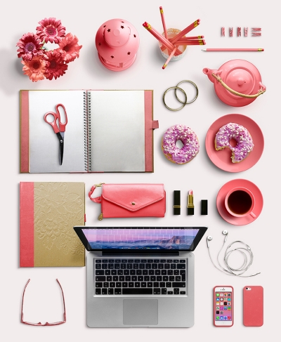 粉色元素时尚元素笔记本剪刀甜甜圈咖啡耳机手机马灯花铅笔