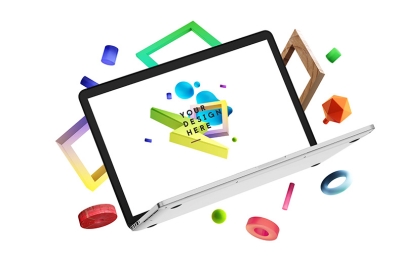 立体元素背景时尚配图笔记本电脑展示配图