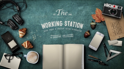 复古场景办公场景笔记本相机耳机手机素材配图