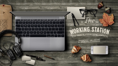 复古场景办公场景笔记本电脑耳机手机素材配图