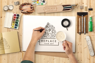 手绘场景手绘样机水彩画logo样机