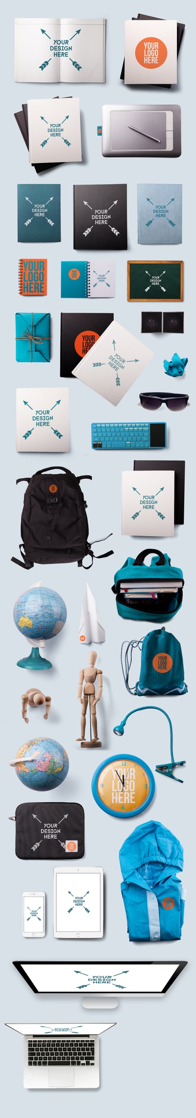 办公用品样机logo样机画板记事本相框笔记本书包地球仪木人偶元素