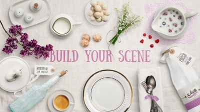 时尚场景配图早餐配图花束麦片咖啡盘子