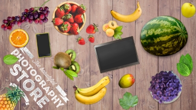 食品水果元素草莓提子香蕉丝瓜菠萝苹果桃子猕猴桃元素俯视图