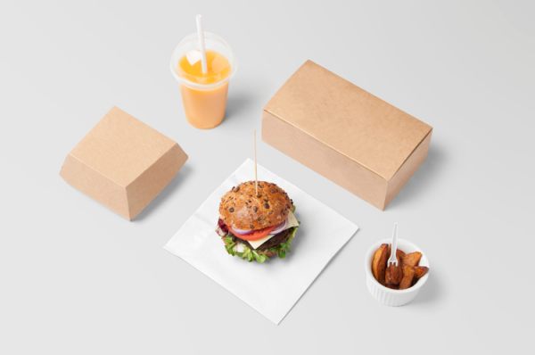 整套7款餐饮品牌VI样机logo样机打包盒汉堡快餐包装记事本燕尾夹夹子笔薯条鸡块煎锅