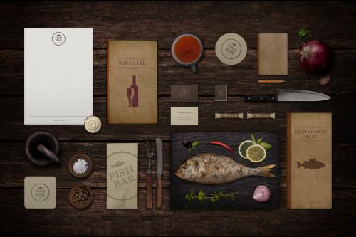 餐饮品牌VI样机免抠素材鱼食材洋葱刀具