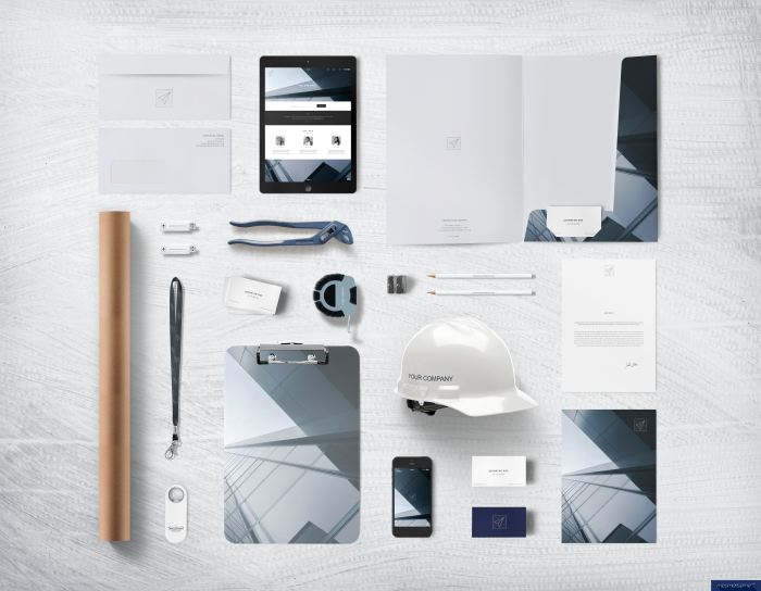 建筑公司VI样机品牌样机安全帽文件夹卷尺工作证