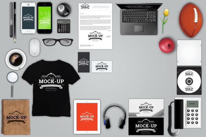 整套办公样机VI样机品牌样机素材免抠素材T恤文化衫橄榄球苹果康乃馨座机耳机鼠标放大镜台球铅笔名片