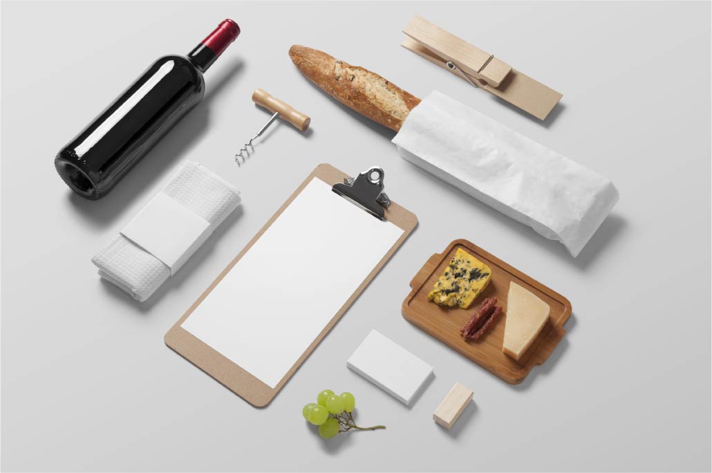 红酒瓶法棍面包夹子餐盘开瓶器葡萄名片免抠素材