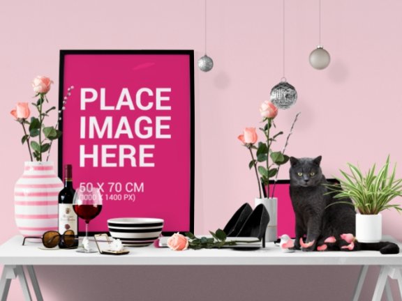 时尚场景元素时尚配图红酒杯花瓶台灯背影猫桌子挂钟绿植多肉烛台花瓣