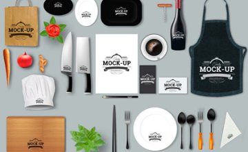 整套8款餐饮品牌VI样机盘子勺子刀叉名片咖啡杯酒瓶厨师帽菜单直径复古纸张复古卡片煎锅围裙