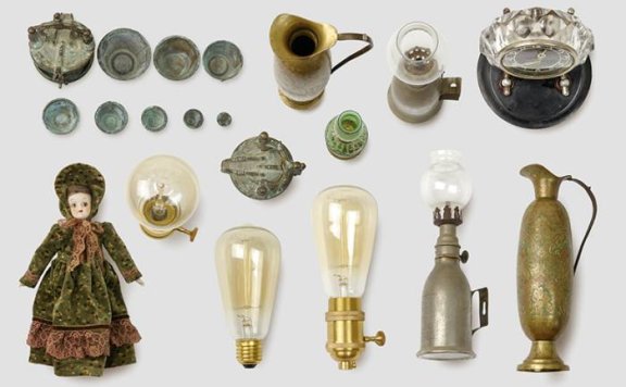 复古元素免抠素材洋娃娃杯子灯泡油灯铜杯